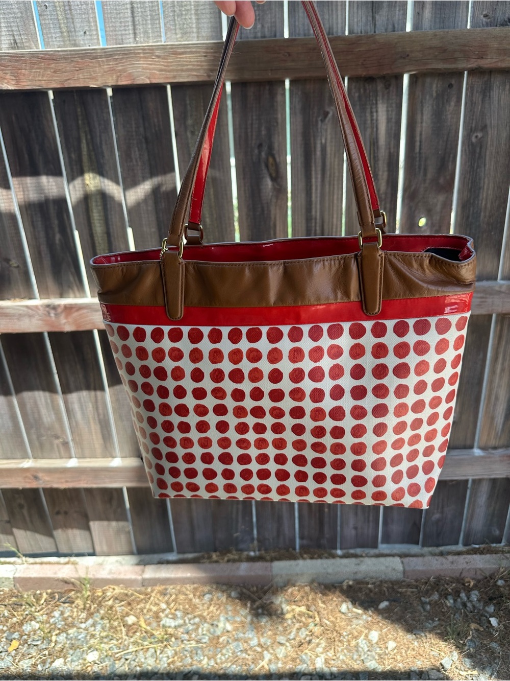 Coach Red Polka Dot Tote Bag with Brown Trim